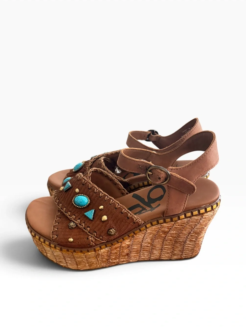 OTBT Cahoot Turquoise Stone Studded Woven Platform Wedge Sandals Sz 7.5